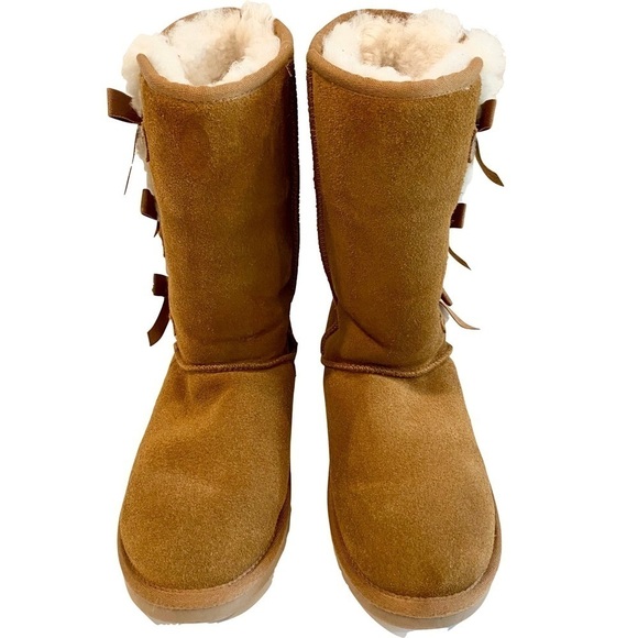Koolaburra by UGG Tall Boots Chestnut Suede Leather Faux Fur Pom Pom Size 8 - Picture 2 of 13